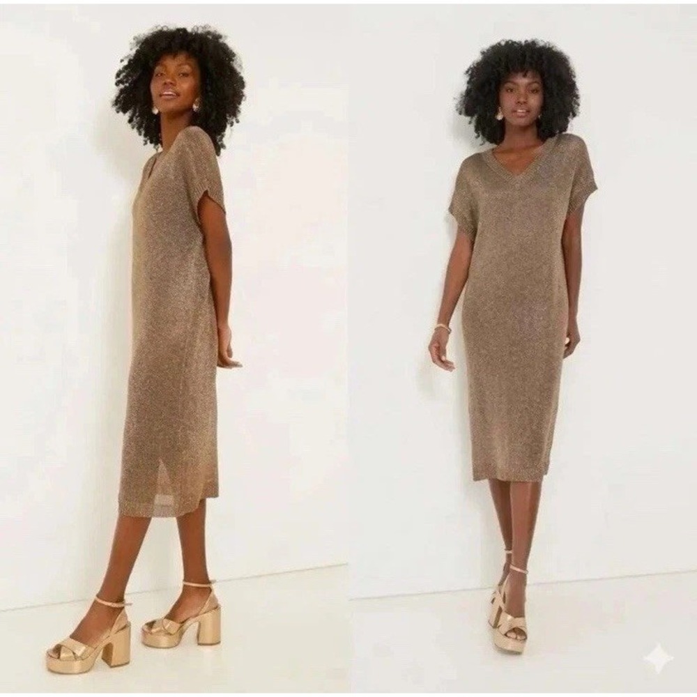 Tuckernuck Bronze Metallic Knit Indie Midi Dress NWT V-Neck Woman's Size Medium
